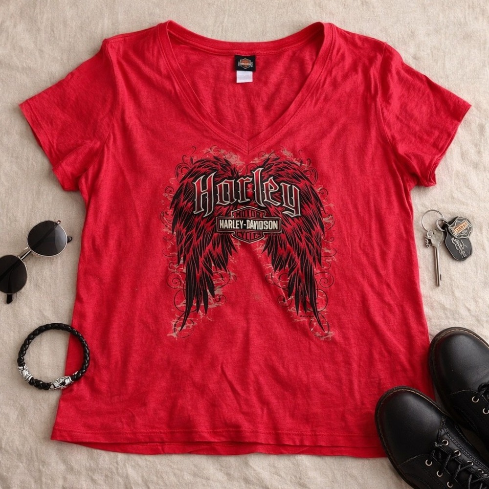Harley-Davidson Washington DC Red Winged Graphic V-Neck Tee Shirt Womens 2XL